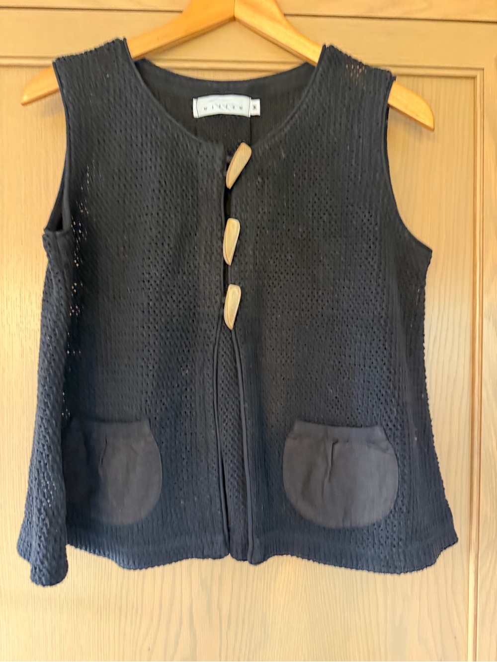 Vintage Willow Black Knit Vest with Wooden Toggle Accent Cotton USA / Medium